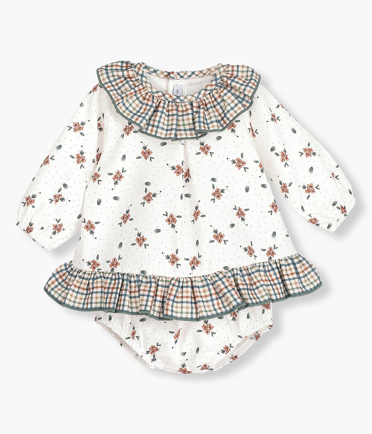 Vestido com tapa fraldas branco da Calamaro Baby para bebé menina e recém-nascida. Elegante vestido com padrão floral e folho na gola e contorno inferior com padrão vichy em tons de bege e verde. Tapa fraldas a combinar com o vestido com laço nas costas.
