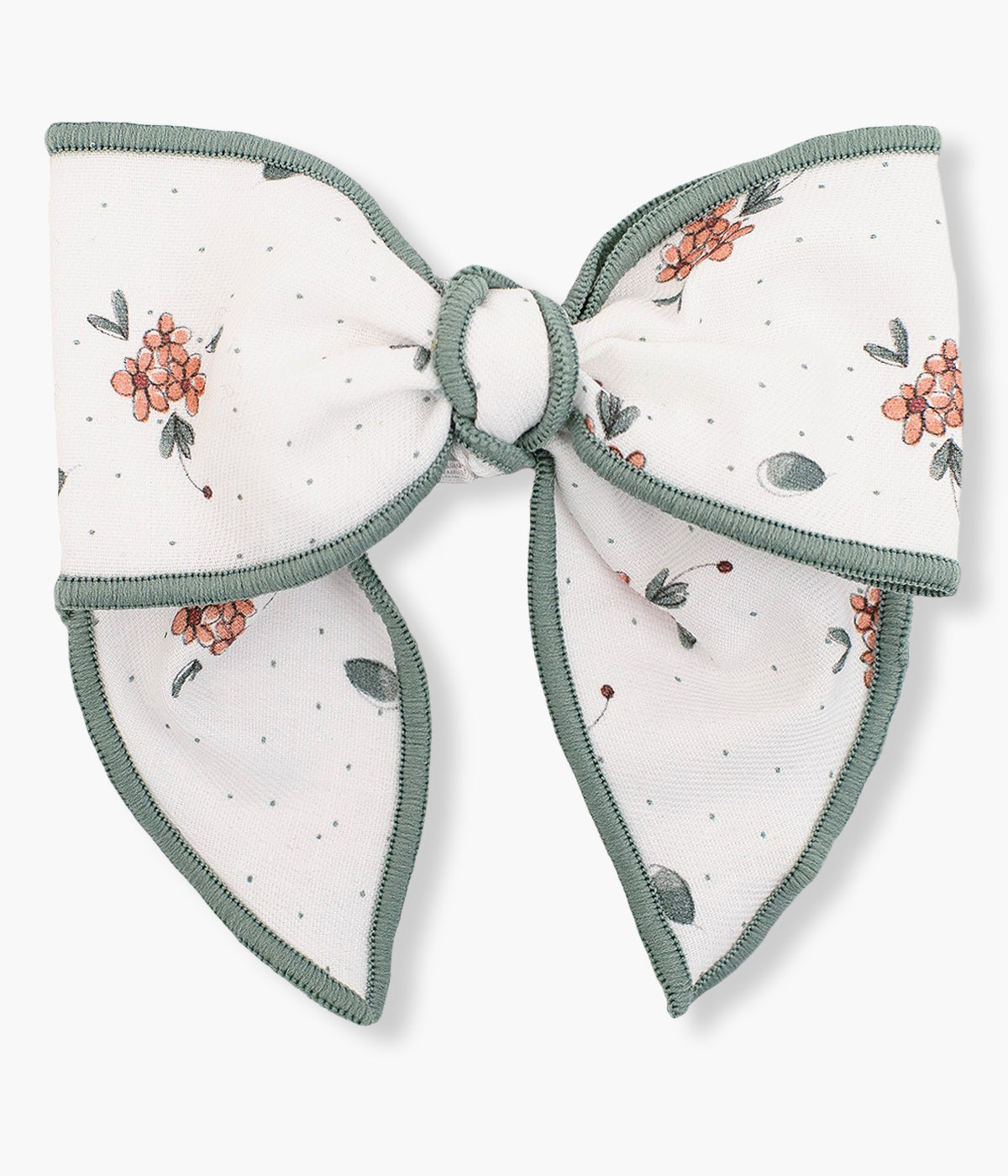 Gancho de cabelo com laço com padrão flores e contornos em verde da Calamaro Baby para bebé menina e recém-nascida.