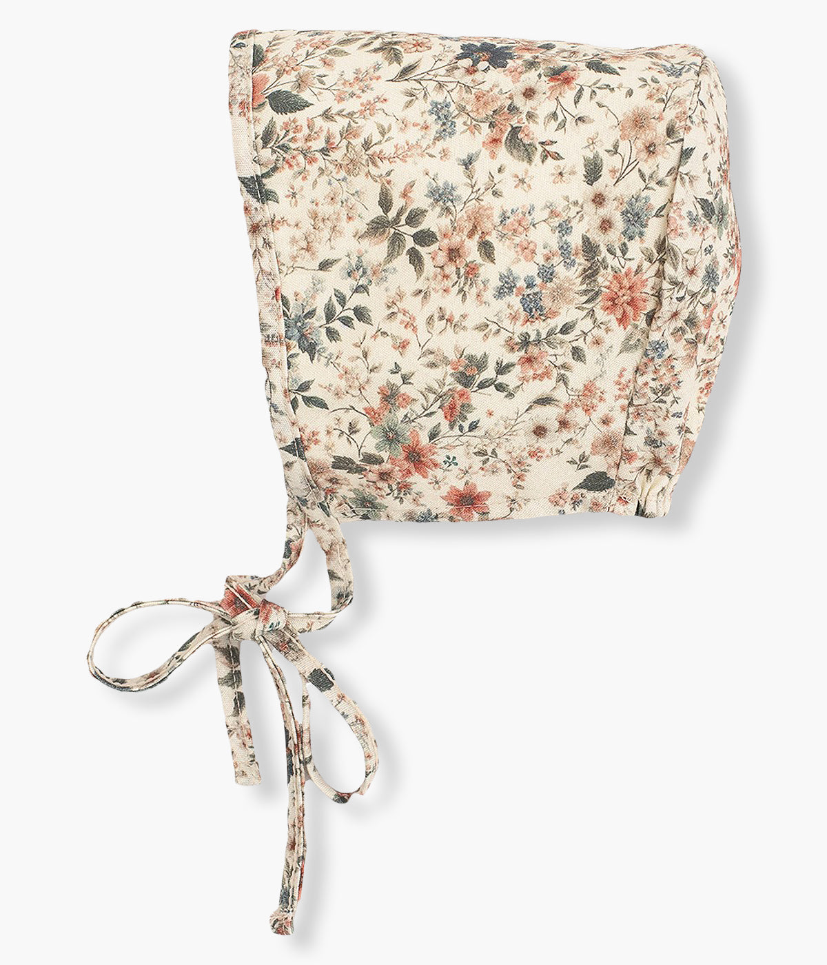 Touca com padrão floral verde em fundo bege da Calamaro Baby para bebé menina e recém-nascida.