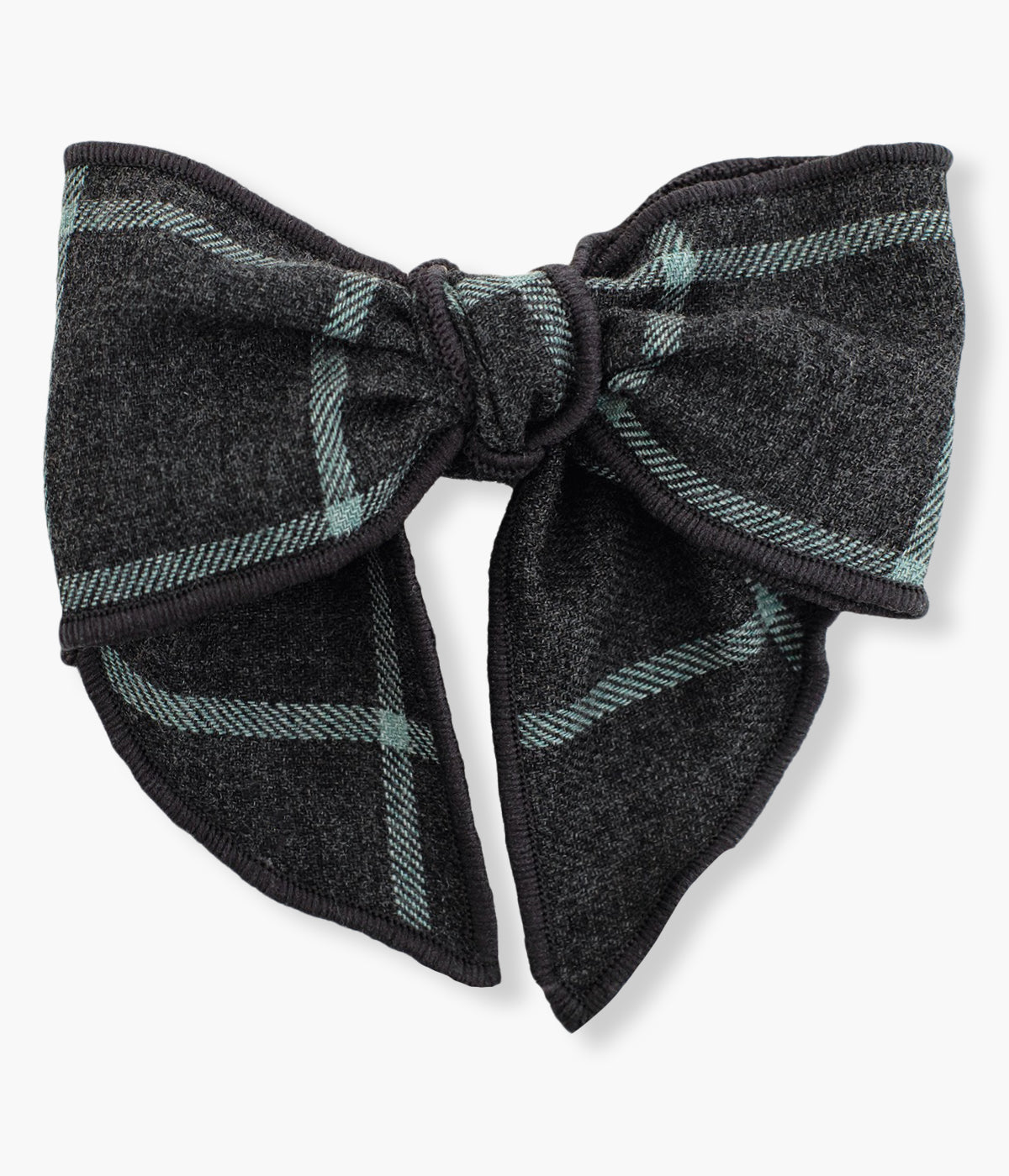 Gancho de cabelo com laço cinza-escuro com padrão xadrez verde da Calamaro Baby para bebé menina e recém-nascida.