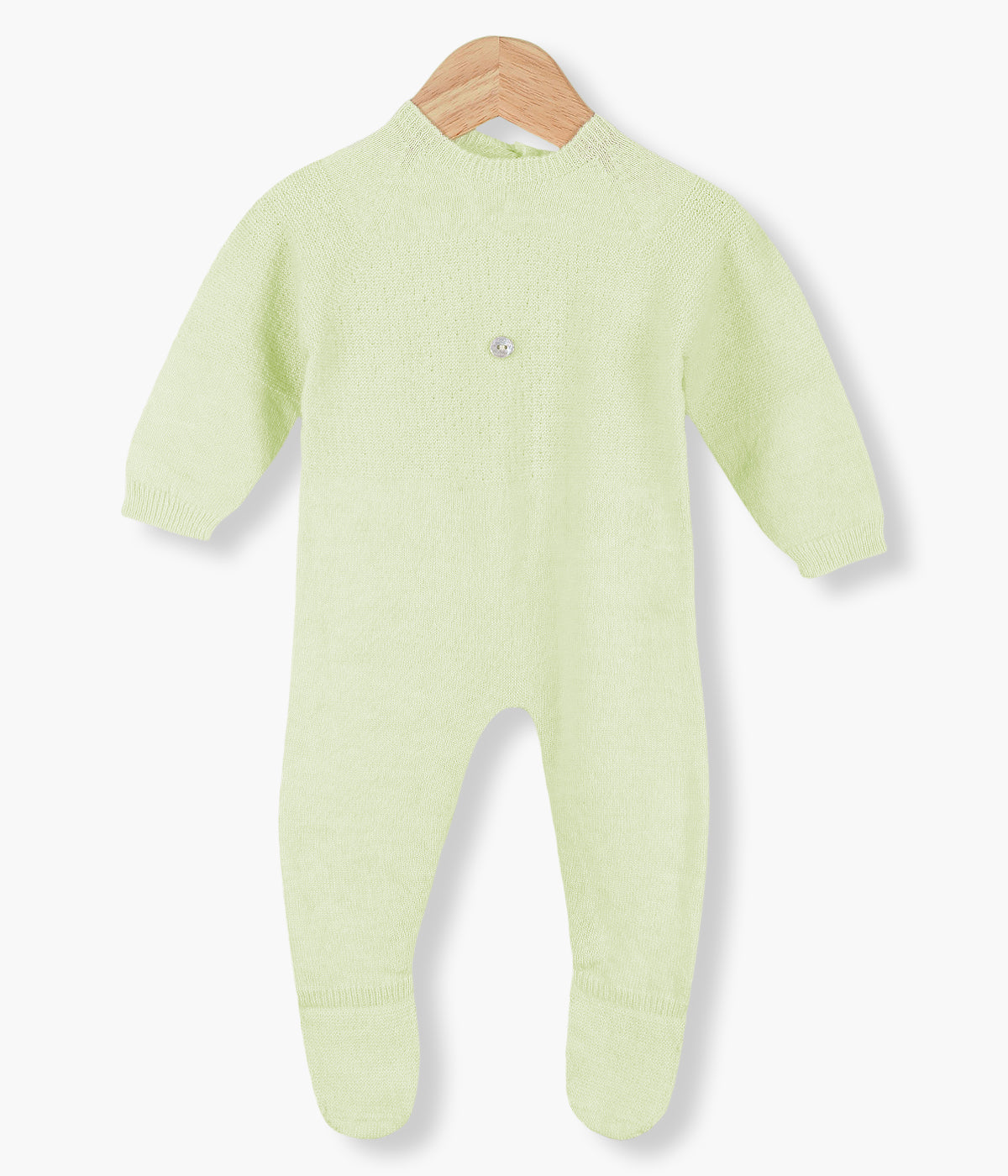 Babygrow tricotado em lã merino e caxemira verde-lima da Wedoble para bebé e recém-nascido(a). Detalhes na malha no peito, pés e braços. Medalha da marca no peito. Abertura nas costas e entrepernas.