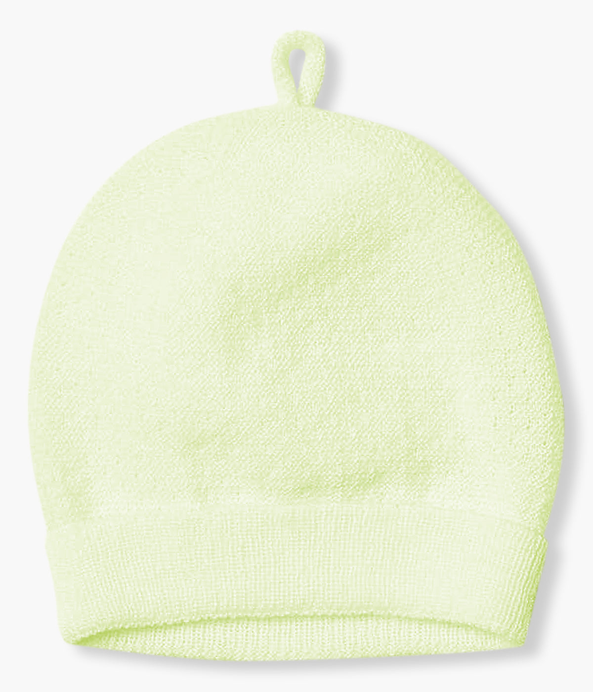 Gorro tricotado em lã merino e caxemira verde-lima da Wedoble para bebé e recém-nascido(a). Delicado gorro sem costuras no interior e com pequeno detalhe na parte superior.