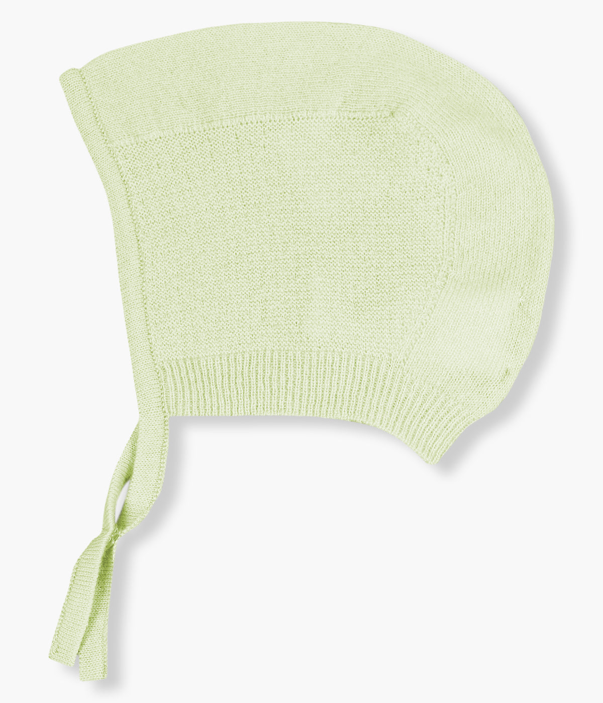 Touca tricotada em lã merino e caxemira verde-lima da Wedoble para bebé e recém-nascido(a). Delicada touca sem costuras no interior e tiras para atar no queixo.