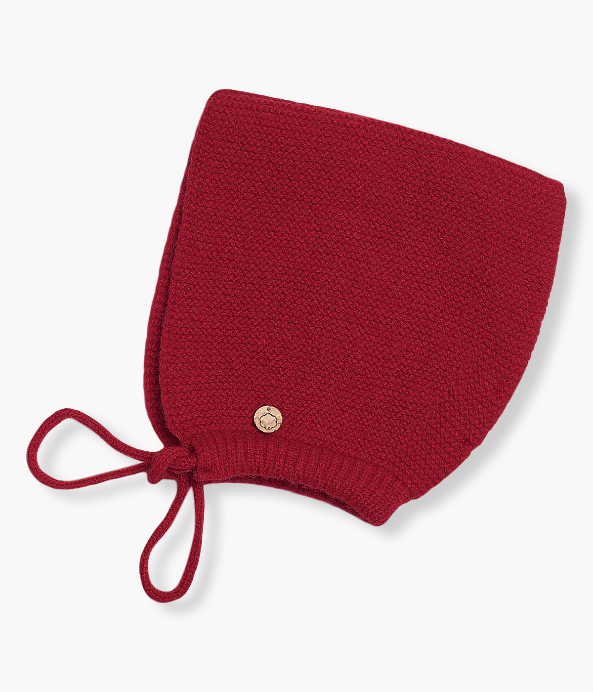 Touca tricotada em lã merino vermelho da Wedoble para bebé e recém-nascido(a). Delicada touca sem costuras no interior com tiras para atar no queixo.
