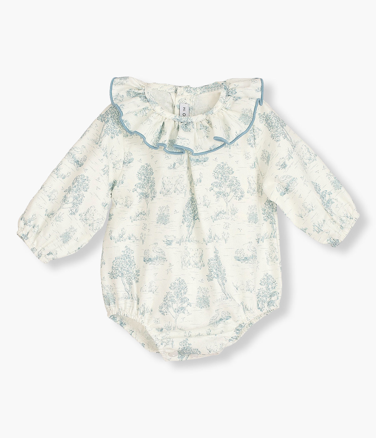 Fofo da Calamaro Baby para bebé menina e recém-nascida. Elegante fofo com padrão toile de jouy azul em fundo pérola com gola folho. Abertura nas costas e entrepernas.