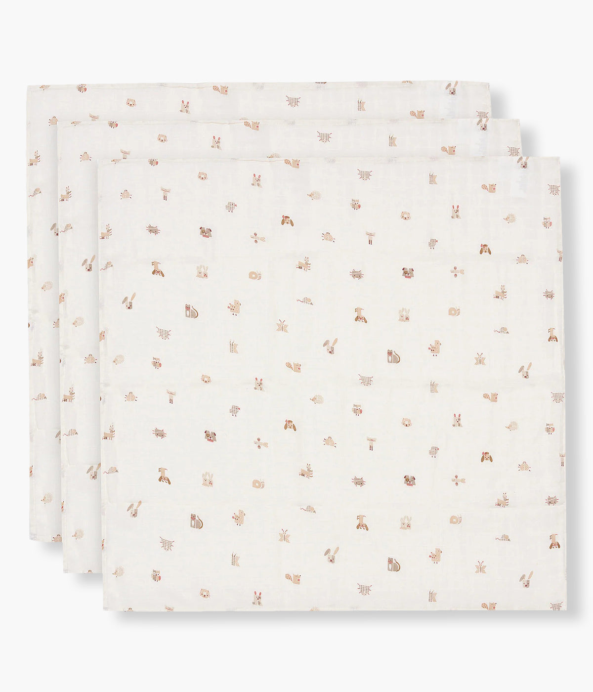Pack de 3 fraldas musselina em algodão pérola da Jollein da coleção Animal Friends com padrão animais em tons de bege e castanho. Suaves e respiráveis fraldas, perfeitas para vários momentos tais como alimentação ou apoio na muda da fralda.