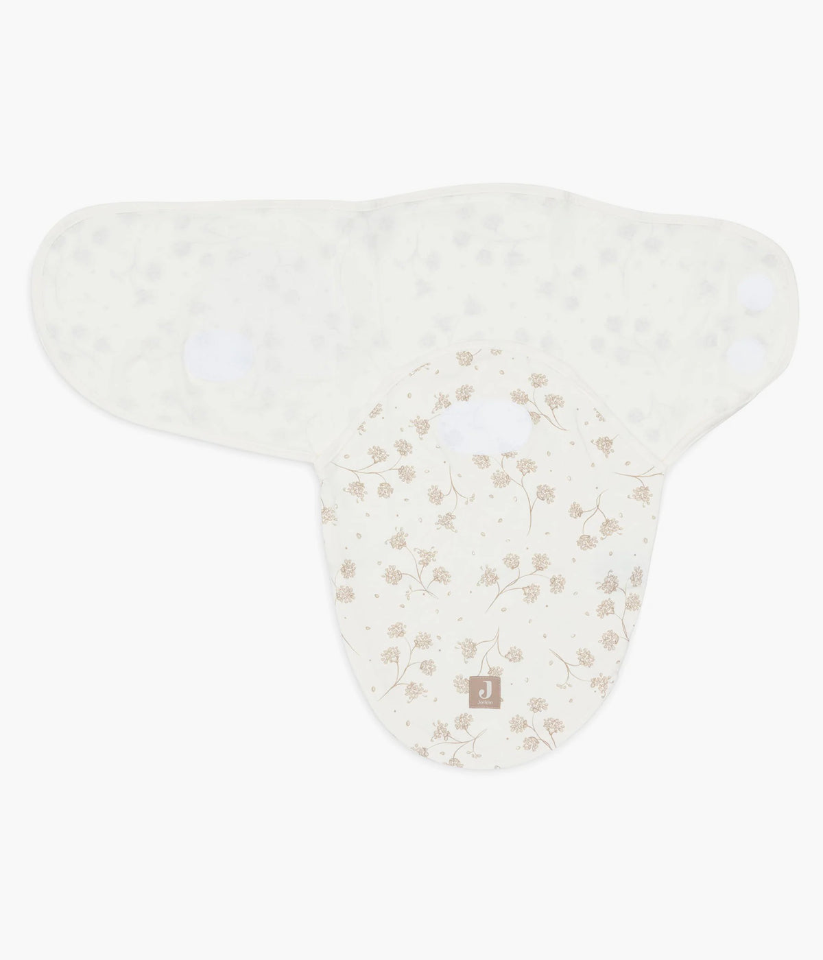 Swaddle wrap pérola marca Jollein com padrão dentes-de-leão em tons de bege para bebé e recém-nascido(a), 100% algodão. Composto por abas com velcro, este swaddle wrap oferece um ajuste suave e seguro, adaptando-se delicadamente ao corpo do bebé.