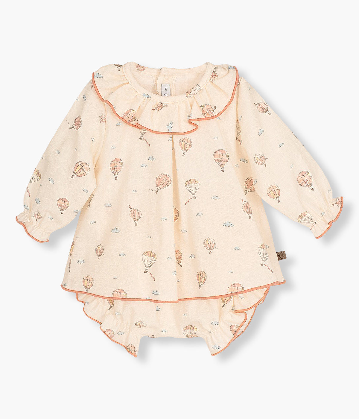 Vestido com tapa fraldas em algodão orgânico da Calamaro Baby para bebé menina e recém-nascida. Elegante vestido pérola com gola folho e padrão balões de ar quente em tons. Tapa fraldas a combinar.