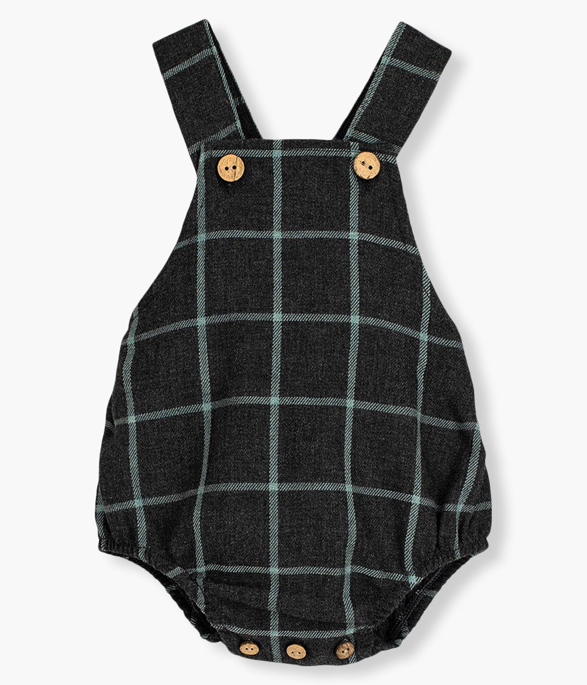 Fofo de alças em algodão cinza-escuro da Calamaro Baby para bebé e recém-nascido(a). Delicado fofo com padrão xadrez verde com abertura nas alças e entrepernas.