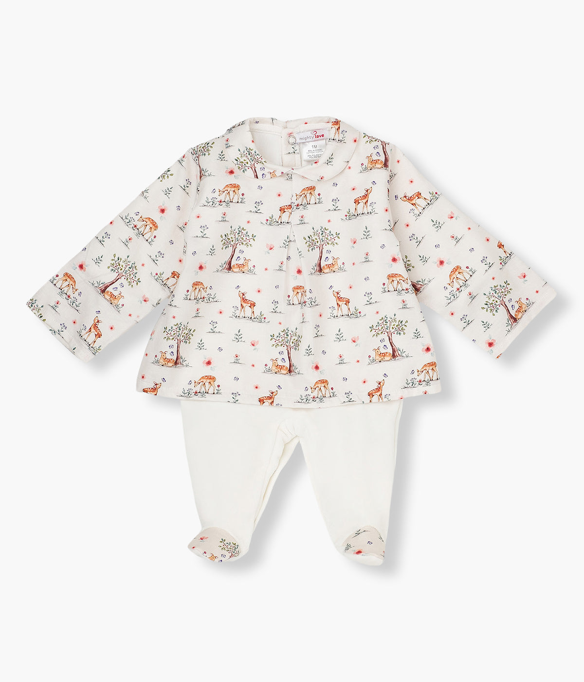 Babygrow em veludo pérola da Mighty Love para bebé e recém-nascido(a). Gola redonda cortada, tule e pés com padrão bambi na floresta.