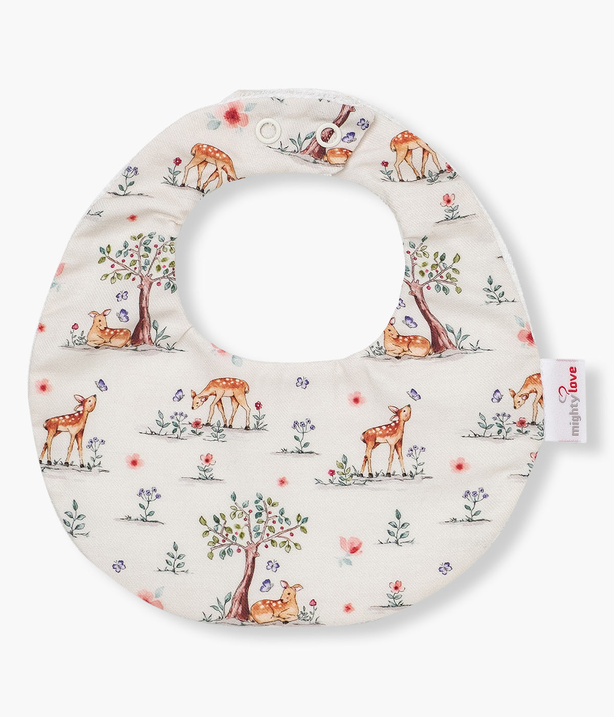 Babete impermeável branca da Mighty Love para bebé e recém-nascido(a). Elegante babete em algodão com padrão bambi na floresta e tecido turco na parte traseira.