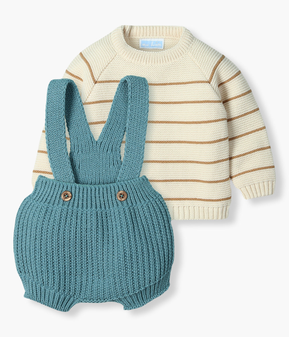 Conjunto de 2pc composto por camisola e tapa fraldas da Mac Ilusión para bebé e recém-nascido(a). Camisola pérola com riscas em bege de abertura no ombro com botões. Tapa fraldas de alças com lã verde-azulado.