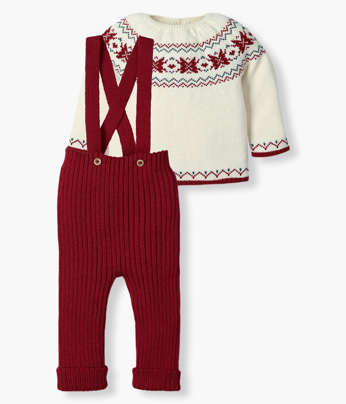 Conjunto de 2pc composto por camisola e macacão da Mac Ilusión para bebé e recém-nascido(a). Camisola pérola com detalhes em vermelho e verde. Macacão de alças sem pés vermelho com efeito canelado.