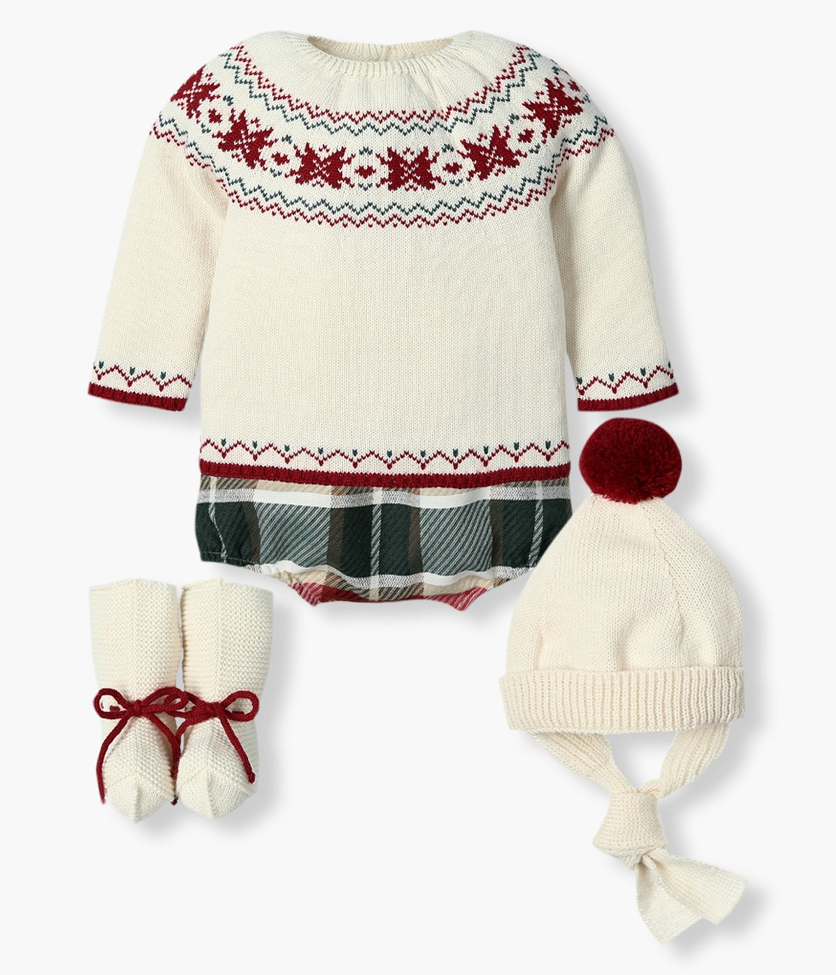 Conjunto de 4 peças da Mac Ilusión composto por camisola, tapa fraldas, gorro e carapins para bebé e recém-nascido(a). Camisola com detalhes em vermelho e verde. Tapa fraldas em algodão com padrão xadrez em tons de vermelho, verde e pérola. Gorro com pompom vermelho e tiras para atar no queixo. Carapins tipo bota com cordões em vermelho.