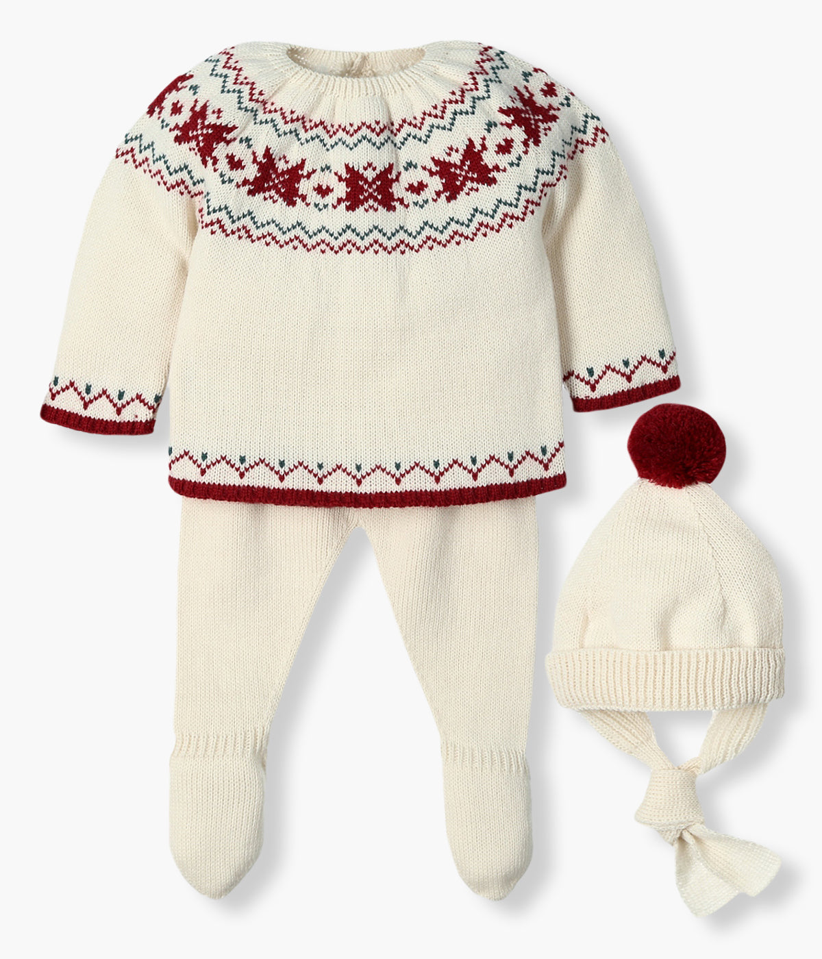 Conjunto de 3 peças em malha pérola da Mac Ilusión composto por camisola, calças e gorro para bebé e recém-nascido(a). Camisola com detalhes em vermelho e verde. Touca com pompom vermelho e tiras para atar no queixo. Calças com pés.