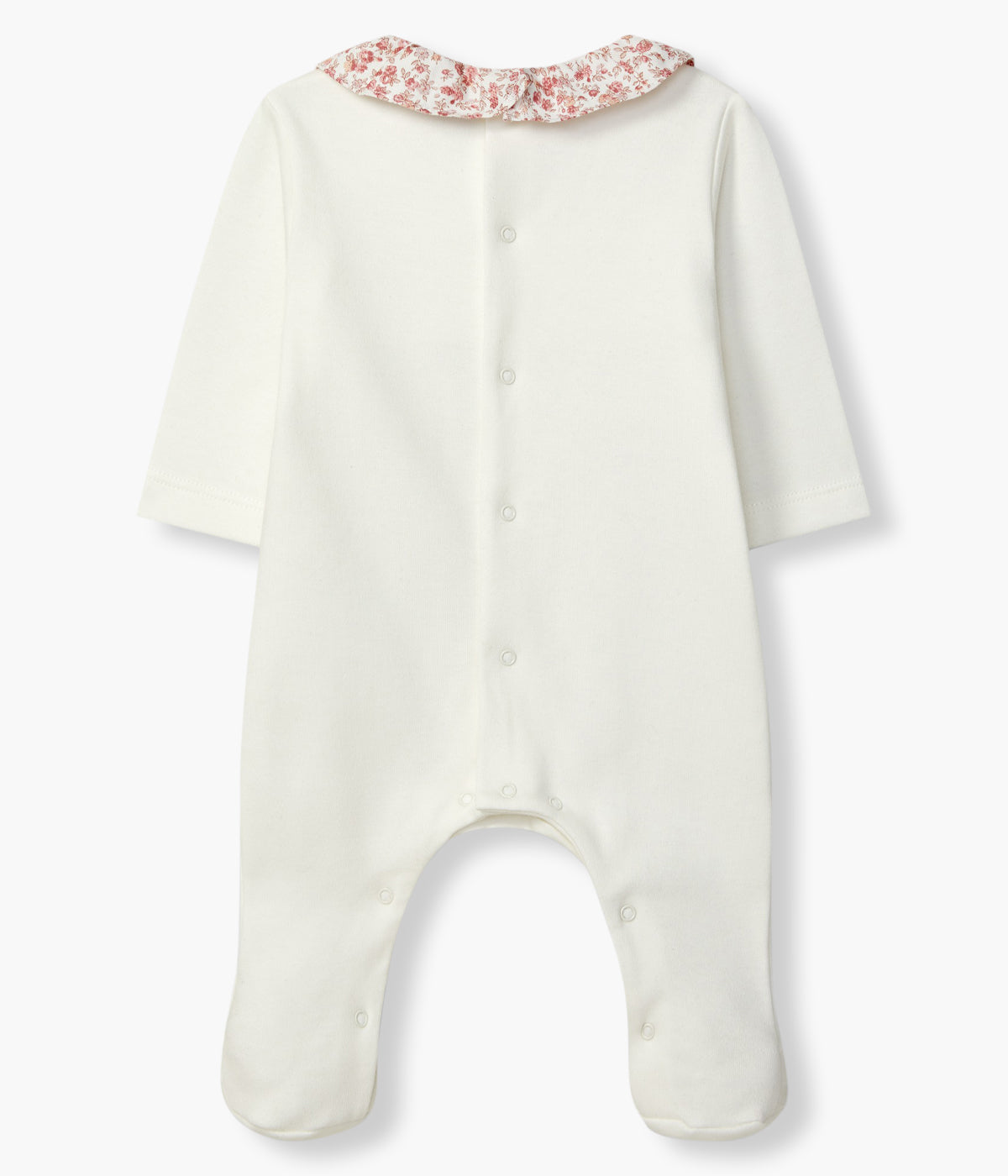 Babygrow pérola da Laranjinha para bebé menina e recém-nascida, 100% algodão. Gola folho com padrão floral e efeito favos no peito. Abertura nas costas e entrepernas.