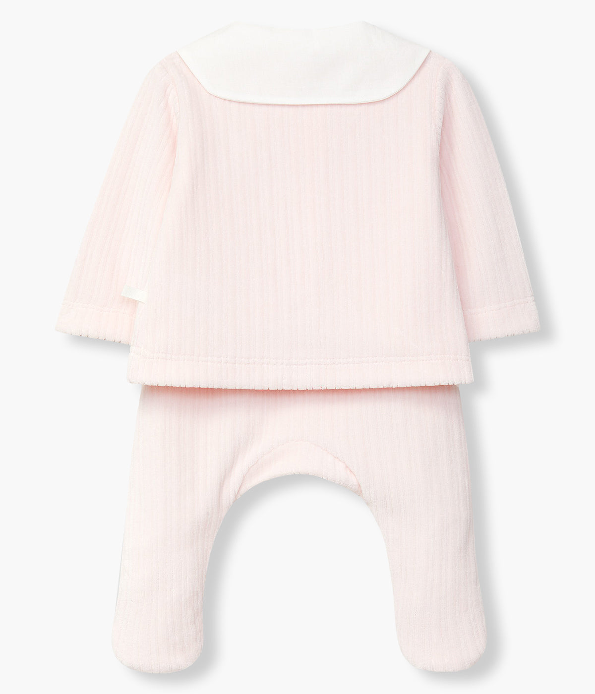 Conjunto de duas peças em veludo canelado cor-de-rosa da Laranjinha para bebé menina e recém-nascida. Camisola de abertura na frente com gola branca com bordado de flor. Calças com pés.