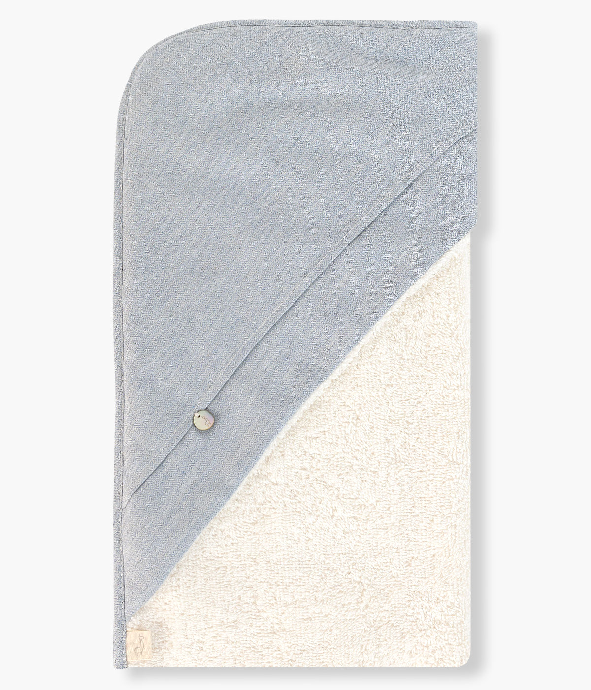 Toalha de banho da Baby Gi para bebé menino e recém-nascido, 100% algodão. Suave e absorvente toalha em turco pérola com carapuço no canto com aplicação em tecido azul-ganga.