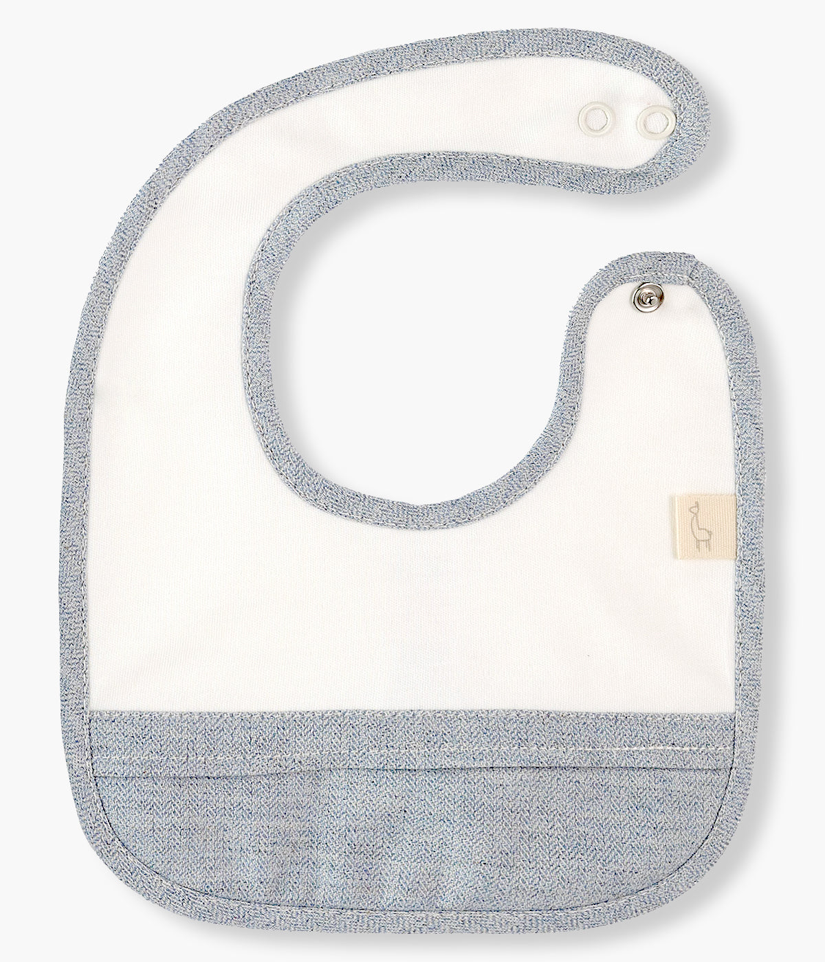 Babete impermeável pérola da Baby Gi para bebé e recém-nascido(a), 100% algodão. Contorno a toda a volta e detalhe na frente com aplicação em tecido azul-ganga.