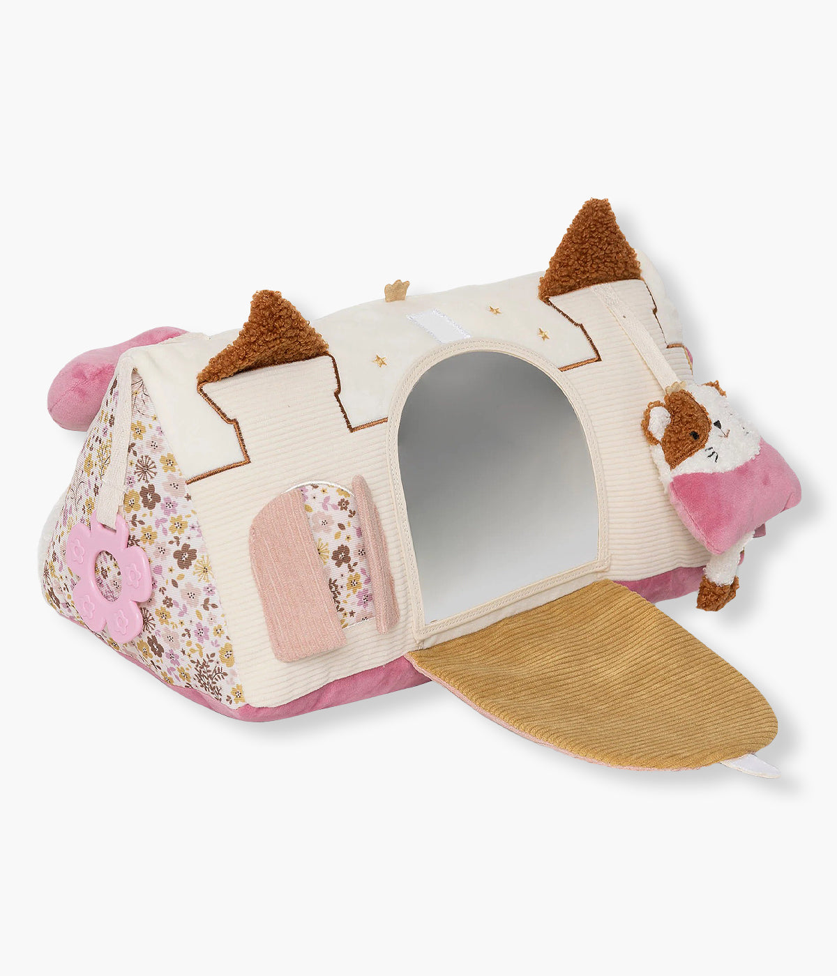 Triângulo de Atividades Flower Fairies da Jollein para bebé menina. Brinquedo sensorial em forma de castelo, com espelho, portas interativas, mordedor, texturas e elementos sonoros, perfeito para estimular o desenvolvimento do bebé enquanto brinca confortavelmente no parque ou tapete.