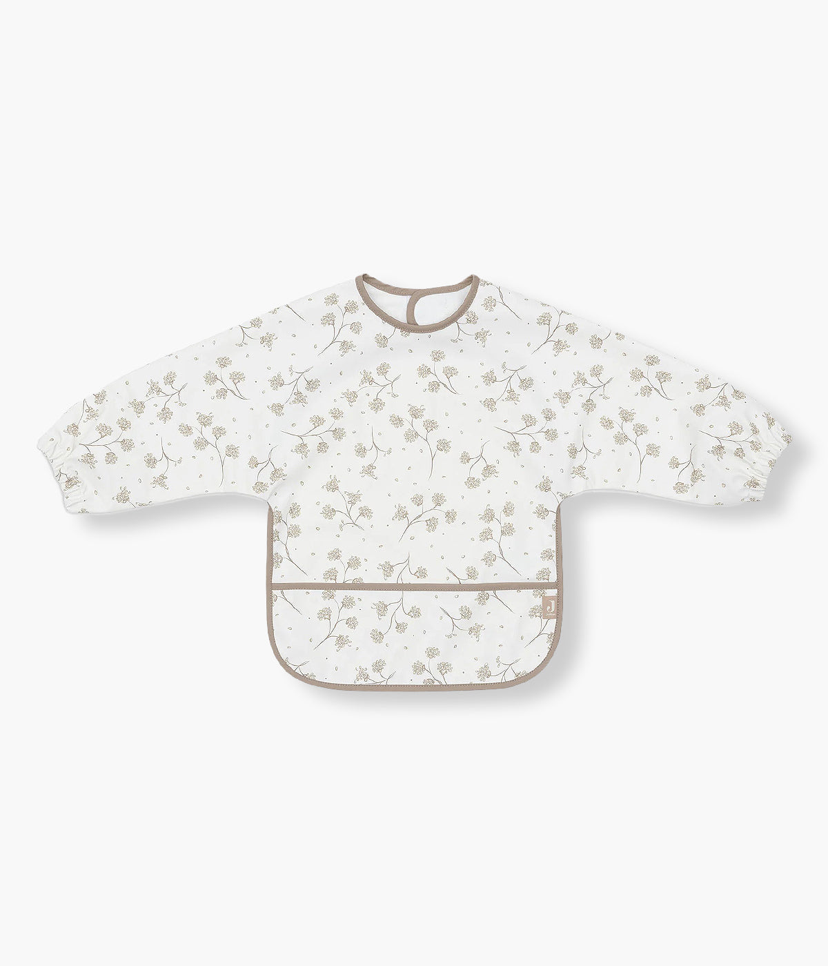 Babete impermeável pérola com mangas com padrão dentes-de-leão em tons de bege para bebé. Babete com mangas e bolso perfeita para o bebé utilizar nas refeições ou em outras atividades. Graças ao fecho em velcro, esta babete adapta-se tanto a bebés como a crianças pequenas.