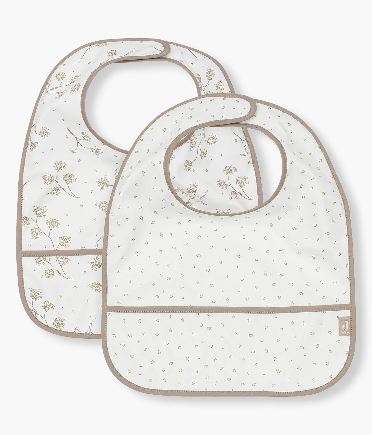 Conjunto de duas babetes impermeáveis pérola com padrão dentes-de-leão para bebé e recém-nascido(a). Babetes com bolso perfeitas para manter o bebé limpo enquanto aprende a beber e comer sozinho.