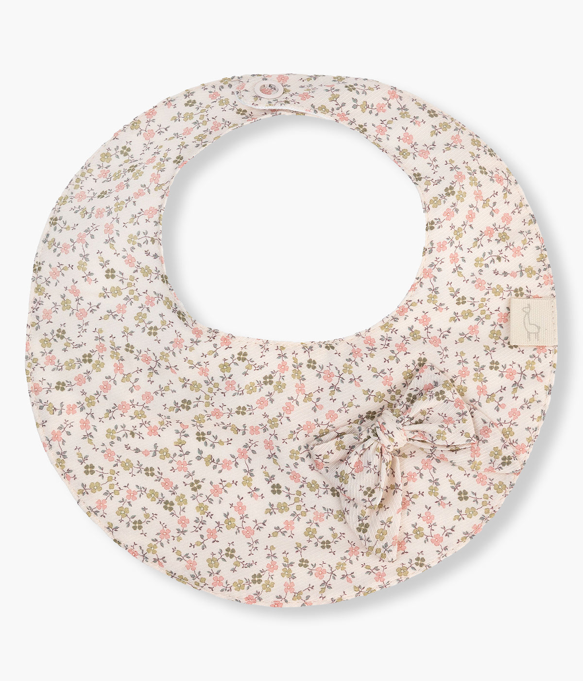 Babete impermeável pérola&nbsp;da Baby Gi para bebé menina e recém-nascida, 100% algodão. Elegante babete redonda com padrão floral e laço a combinar.