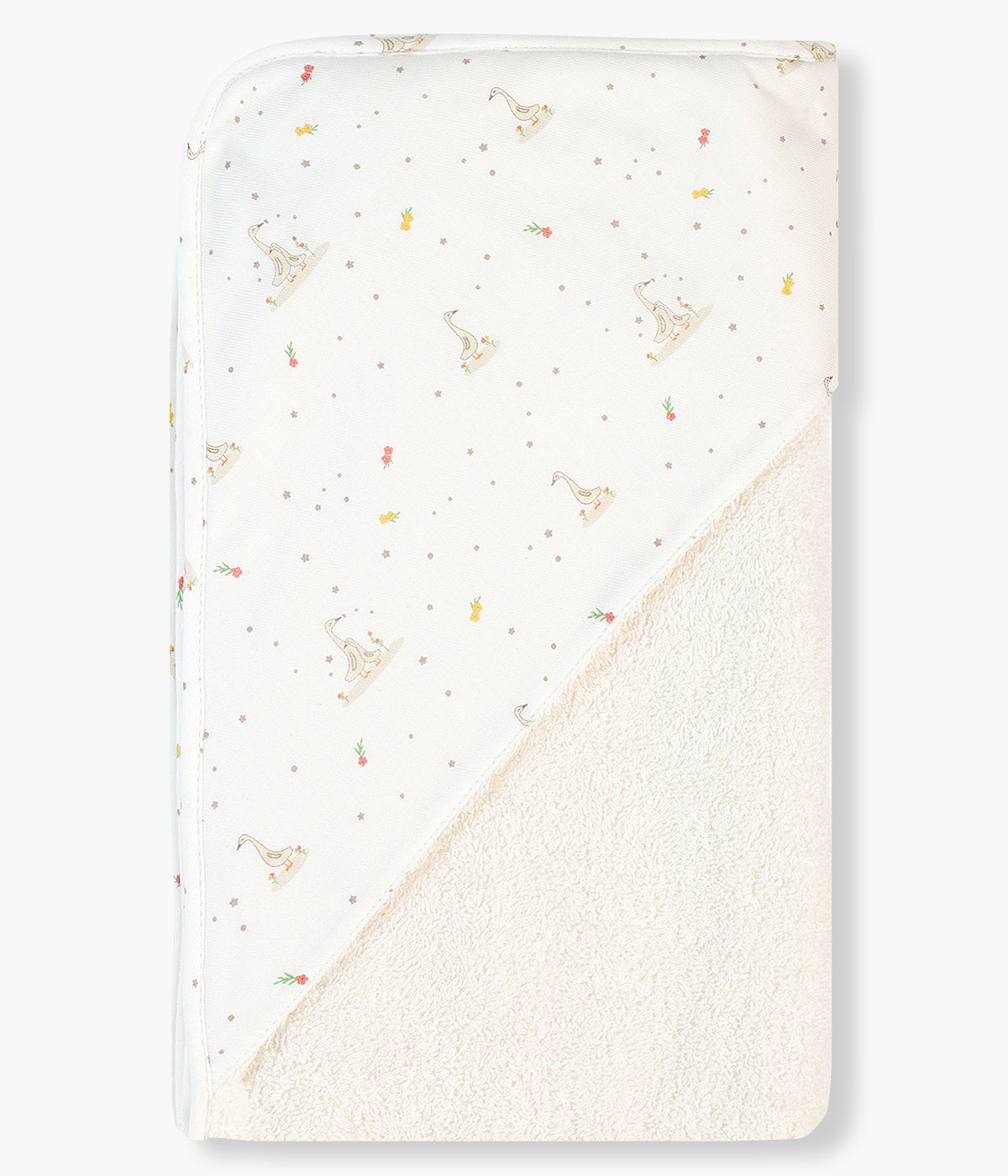 Toalha de banho da Baby Gi para bebé e recém-nascido(a), 100% algodão. Suave e absorvente toalha em turco pérola com carapuço no canto e rebordo com aplicação de tecido com padrão gansos.