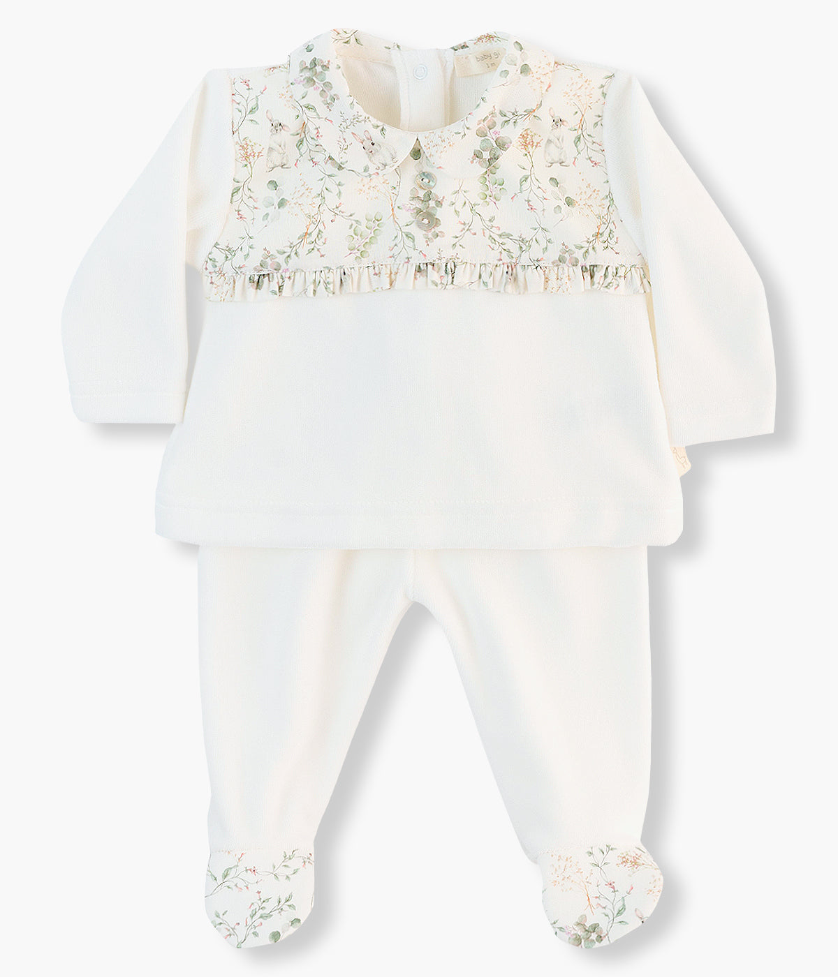 Conjunto de duas peças em veludo pérola da Baby Gi para bebé menina e recém-nascida. Camisola com gola redonda cortada e peito com aplicação em tecido de padrão floral. Calças com pés a combinar com a camisola.