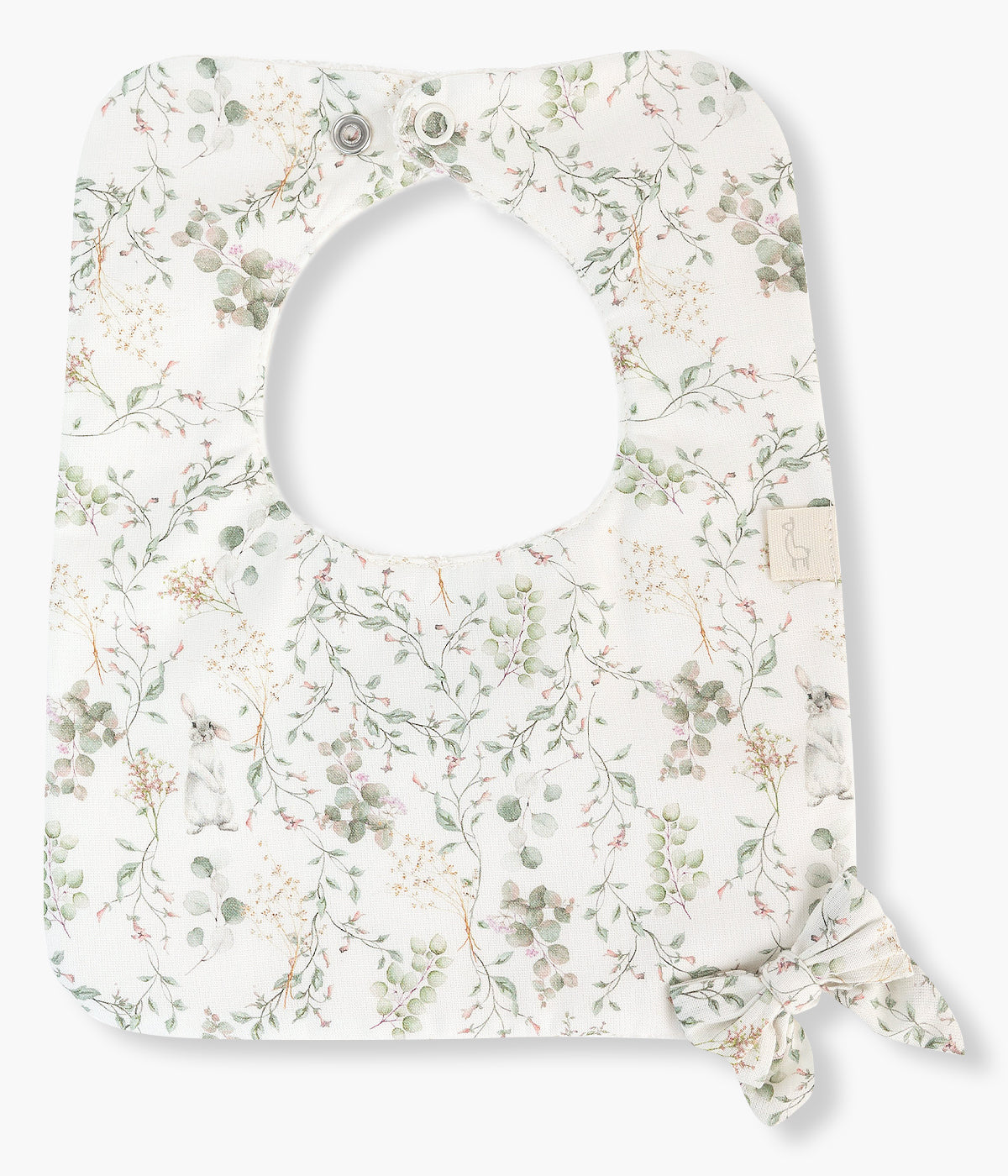 Babete impermeável quadrada pérola da Baby Gi para bebé menina e recém-nascida, 100% algodão. Padrão floral com laço no canto. Parte interna com turco absorvente.