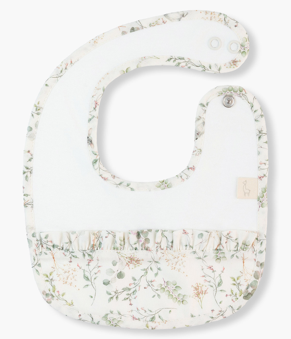 Babete impermeável pérola da Baby Gi para bebé menina e recém-nascida, 100% algodão. Contorno a toda a volta e detalhe na frente com aplicação em tecido de padrão floral.