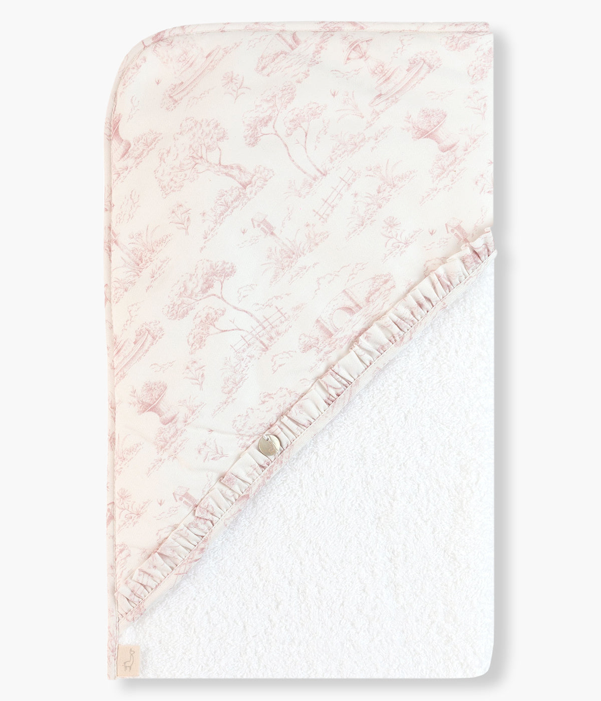 Toalha de banho da Baby Gi para bebé menina e recém-nascida, 100% algodão. Suave e absorvente toalha em turco pérola com carapuço no canto com aplicação em tecido padrão toile de jouy em tons de rosa com pequeno folho.