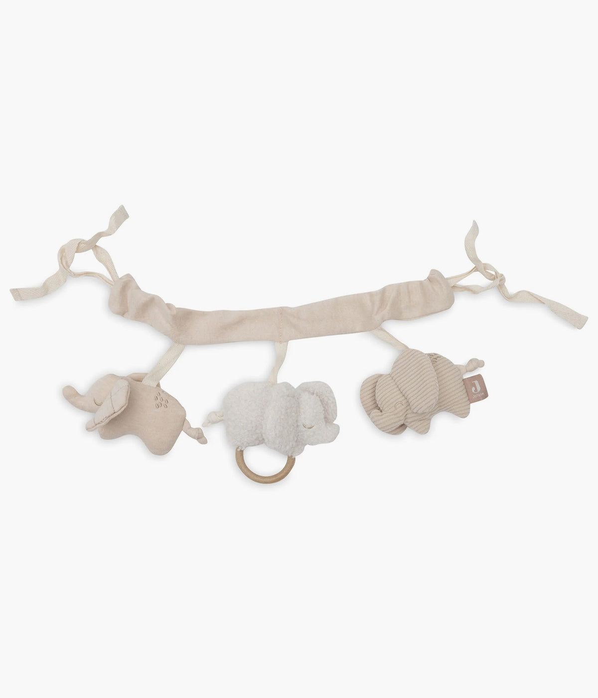 Corrente de Carrinho Elephant Tales da Jollein, ideal para tornar os passeios do(a) bebé ainda mais especiais. Este acessório encantador não só embeleza o carrinho, como oferece uma experiência sensorial, divertida e envolvente para o(a) bebé.