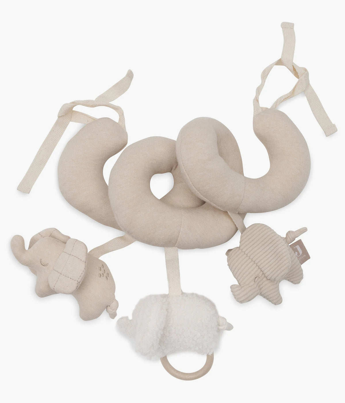 Espiral de Atividades Elephant Tales da Jollein para bebé com três adoráveis elefantes em diferentes texturas: veludo, canelado e orelhas xadrez. Estimula os sentidos, promove o desenvolvimento motor e prende-se facilmente ao ovo, carrinho ou berço.