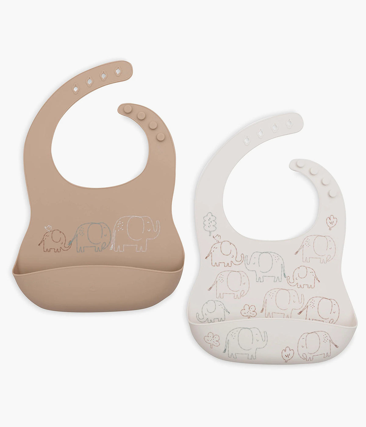 Conjunto de duas babetes em silicone com padrão elefantes coleção Elephant Tales da Jollein para bebé e recém-nascido(a). Babetes em macio silicone com bolso perfeitas para manter o bebé limpo enquanto aprende a beber e comer sozinho.