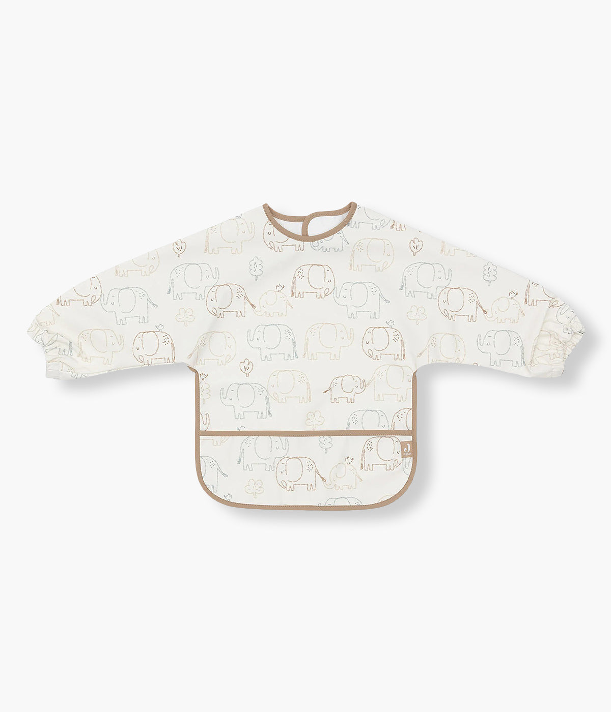 Babete impermeável pérola com mangas com padrão elefantes em tons de bege e azul Elephant Tales da Jollein para bebé. Babete com mangas e bolso perfeita para o bebé utilizar nas refeições ou em outras atividades. Graças ao fecho em velcro, esta babete adapta-se tanto a bebés como a crianças pequenas.