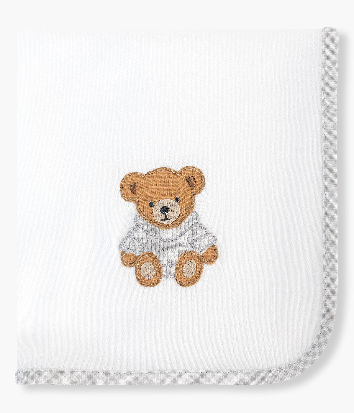 Fralda branca da Baby Gi para bebé e recém-nascido(a), 100% algodão. Detalhe no canto com urso bordado e rebordo a toda a volta com aplicação em tecido de padrão Pied-de-Poule.