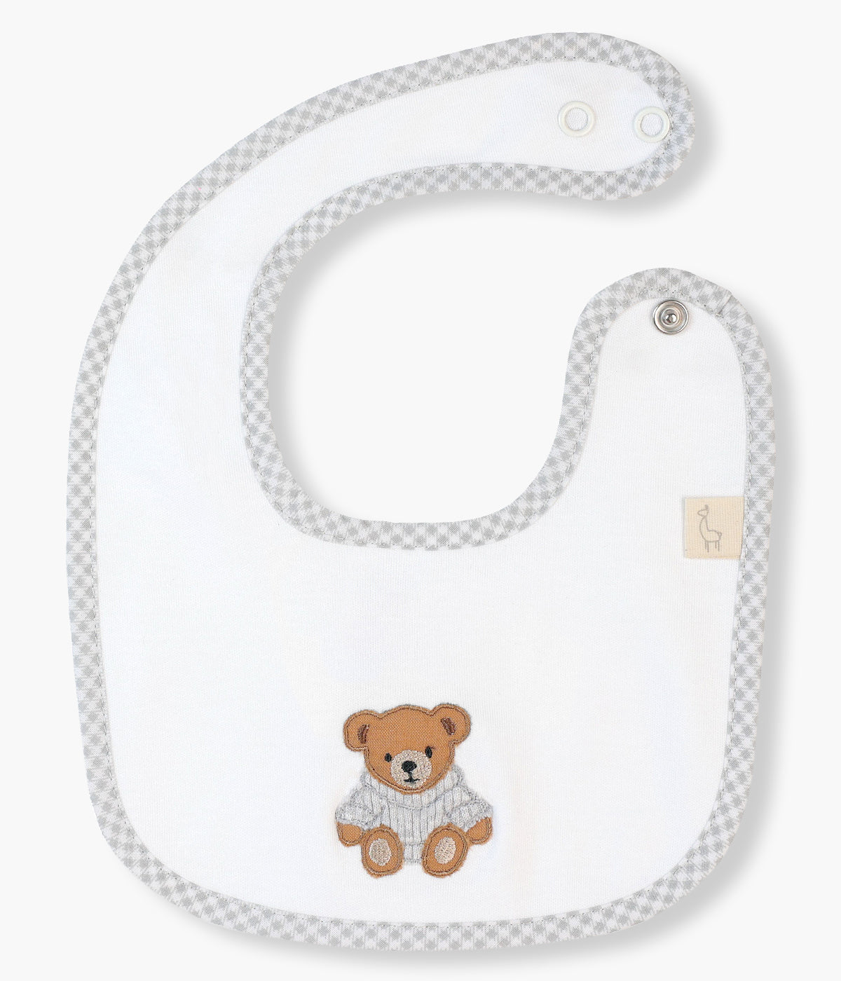 Babete impermeável branca da Baby Gi para bebé e recém-nascido(a), 100% algodão. Contorno a toda a volta com padrão&nbsp;Pied-de-Poule cinza e detalhe na frente com urso bordado.