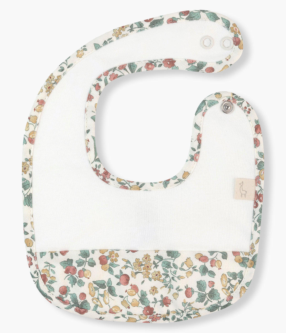 Babete impermeável pérola da Baby Gi para bebé menina e recém-nascida, 100% algodão. Contorno a toda a volta e detalhe na frente com aplicação de tecido padrão floral.