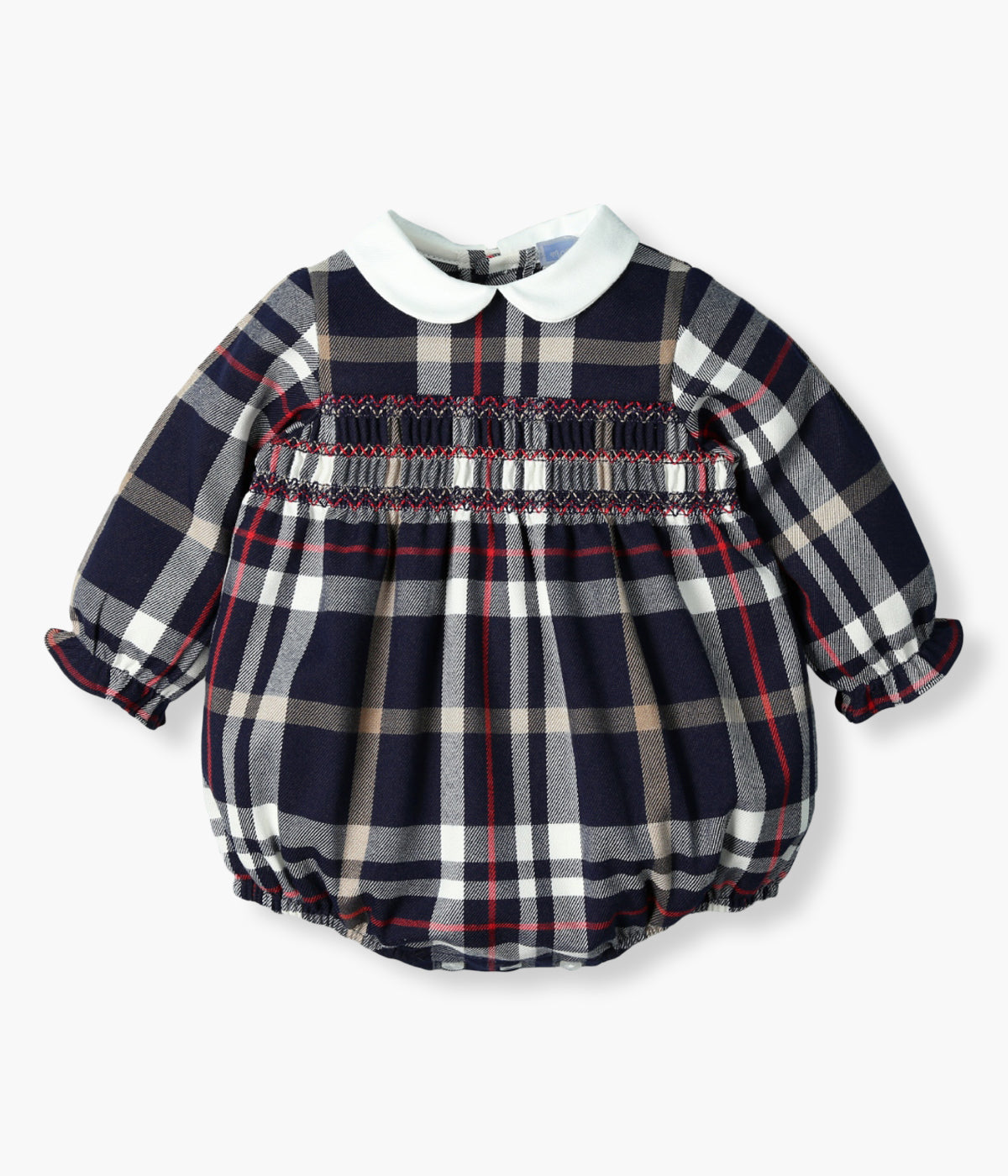 Fofo em algodão azul-marinho da Mac Ilusión para bebé menina e recém-nascida. Elegante fofo forrado com padrão xadrez, gola redonda cortada e efeito favos no peito.