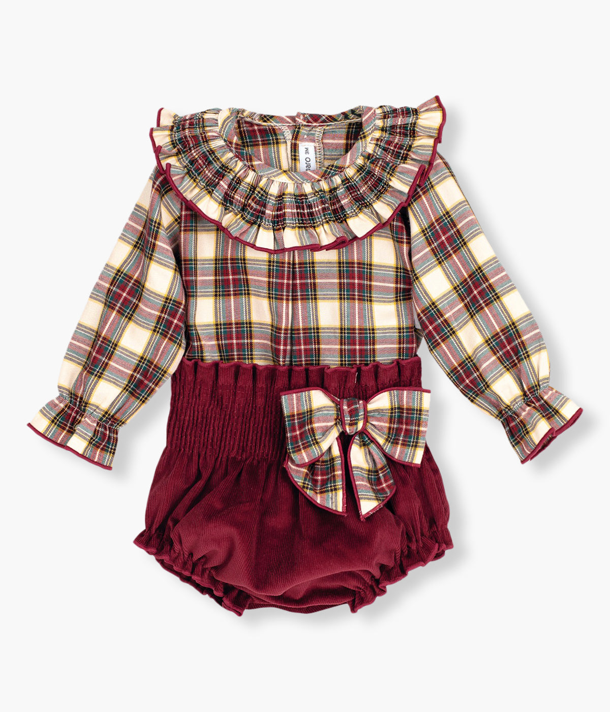 Conjunto de duas peças em algodão da Calamaro Baby para bebé menina e recém-nascida. Camisola com gola folho com padrão xadrez. Tapa fraldas em bombazine bordô com laço a combinar com a camisola.