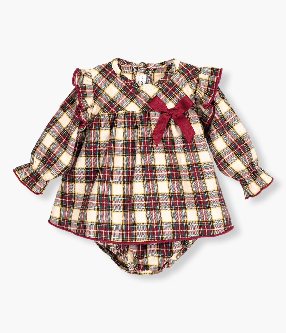 Vestido com tapa fraldas da Calamaro Baby para bebé menina e recém-nascida. Elegante vestido com padrão xadrez bordô e bege com laço na frente e folho nos ombros. Tapa fraldas a combinar com o vestido.