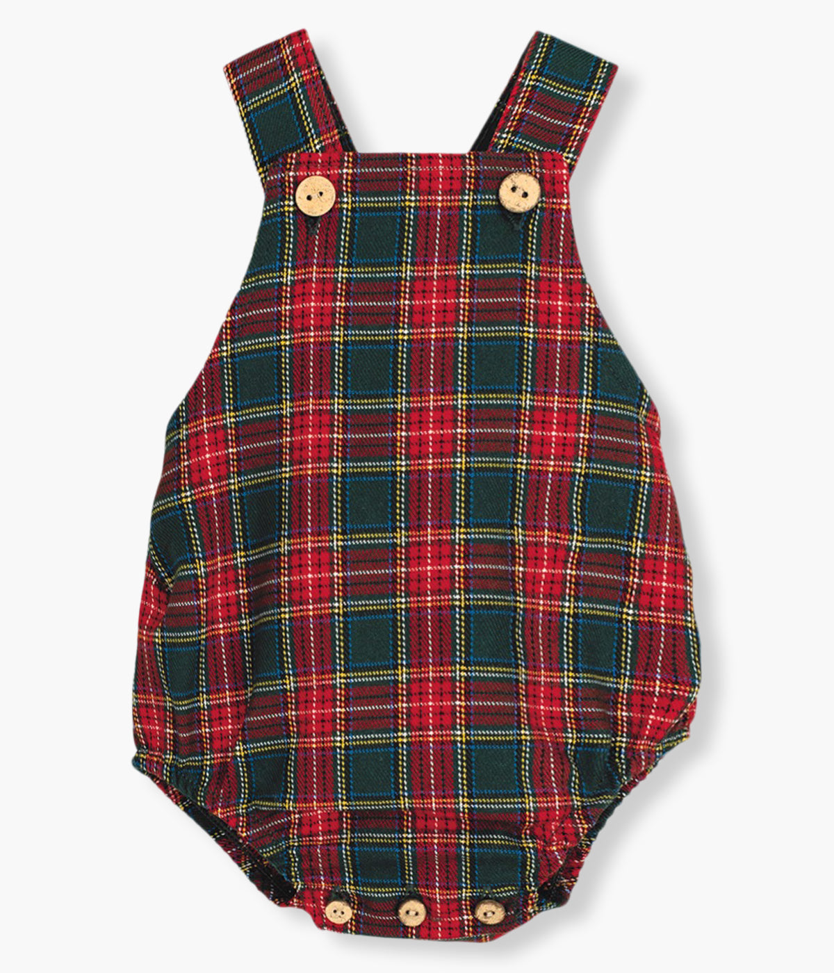 Fofo de alças em algodão da Calamaro Baby para bebé menino e recém-nascido. Padrão xadrez em tons de vermelho e verde-escuro com abertura nas alças e entrepernas.