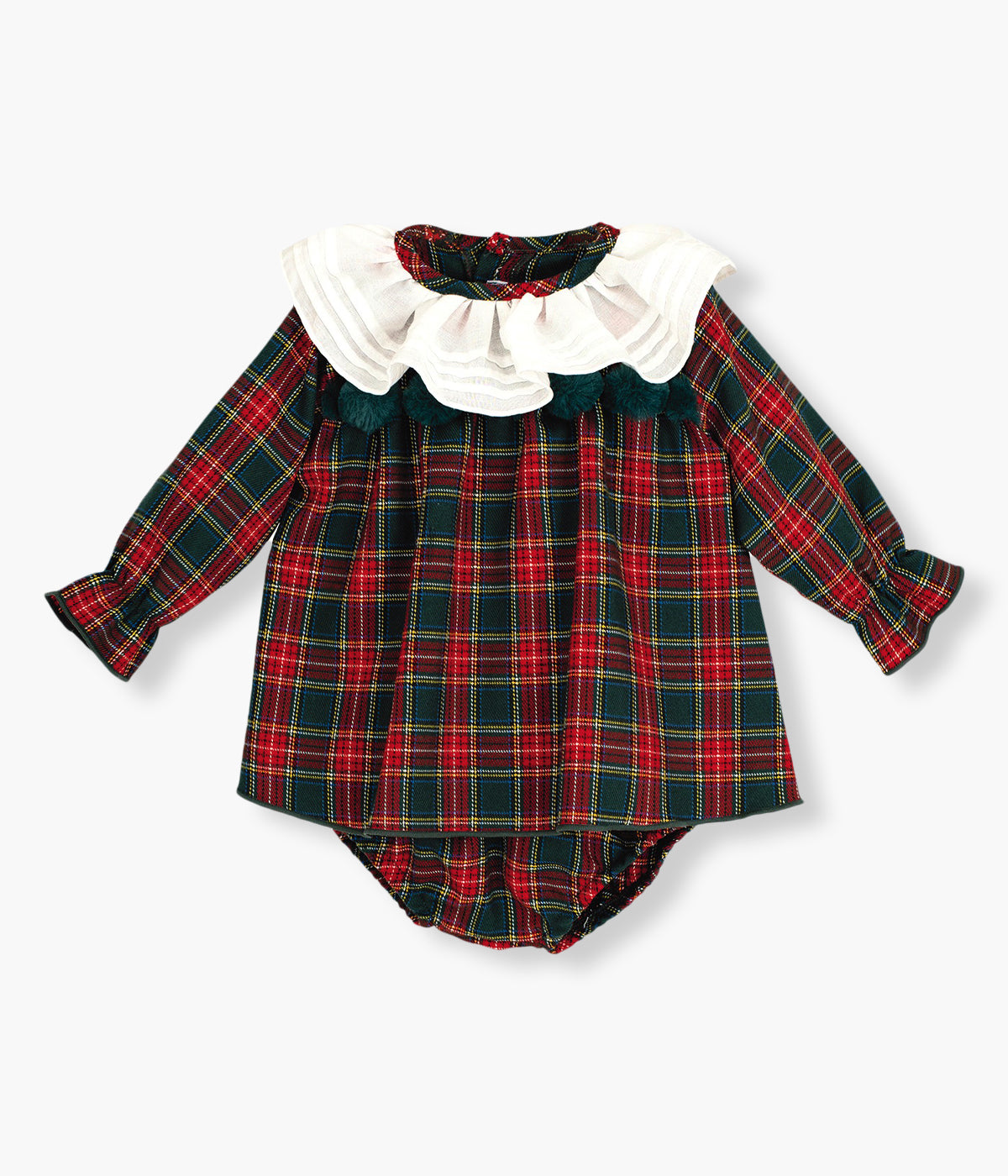 Vestido com tapa fraldas da Calamaro Baby para bebé menina e recém-nascida. Elegante vestido com padrão xadrez bordô e verde, gola folho branca e faixa no peito com pequenos pompons verdes. Tapa fraldas a combinar com o vestido.