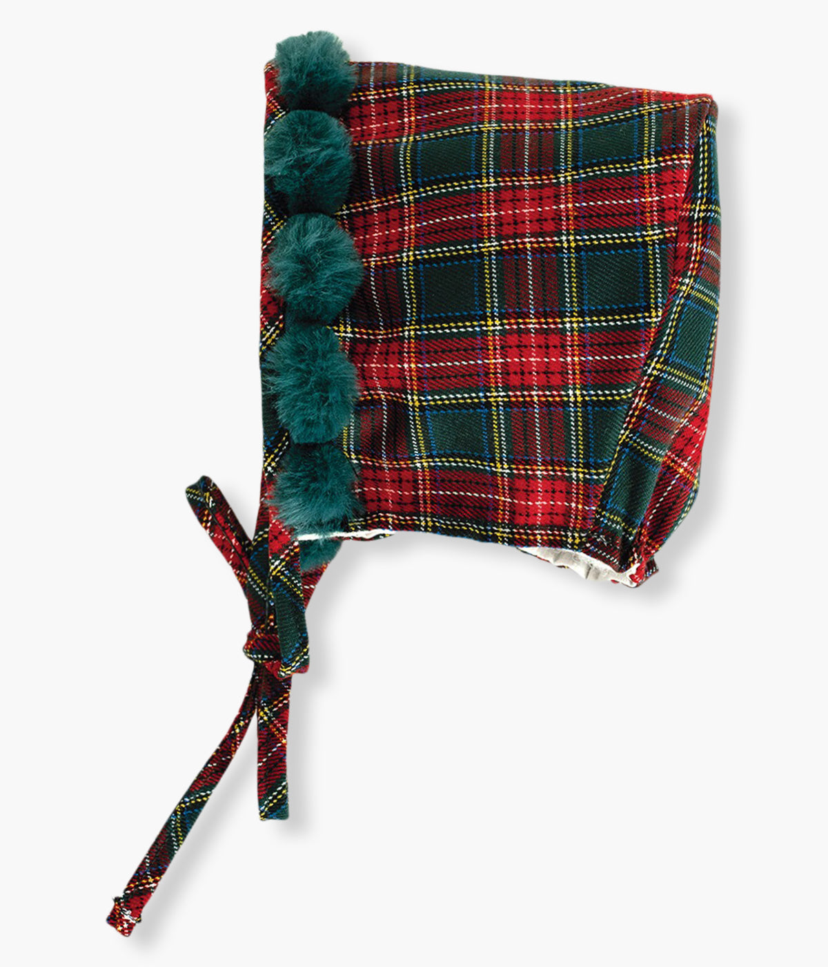 Touca com forro da Calamaro Baby para bebé menina e recém-nascida. Elegante padrão xadrez vermelho e verde-escuro com suaves pompons a toda a volta.