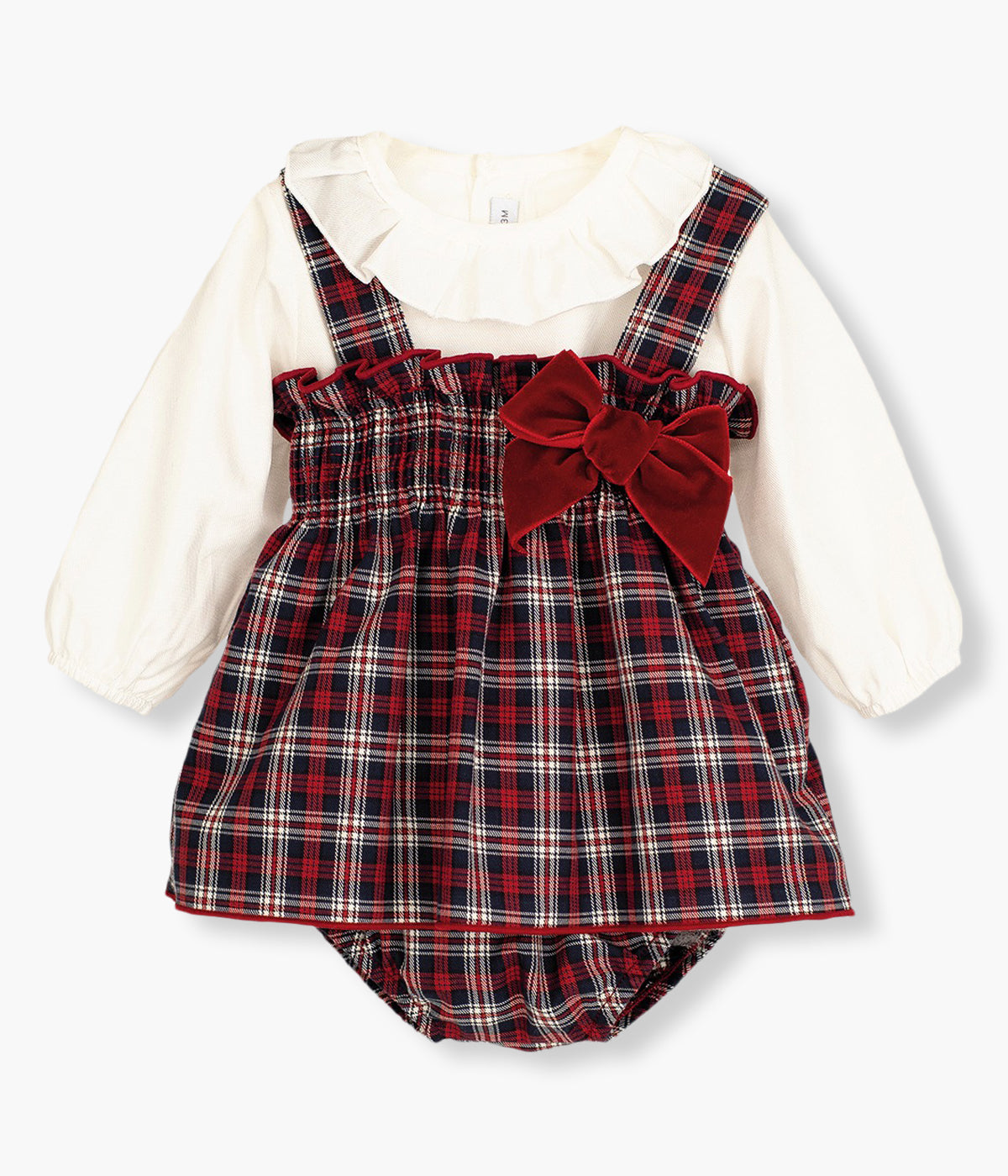 Conjunto de três peças em algodão da Calamaro Baby para bebé menina e recém-nascida. Camisola pérola com gola folho. Vestido de alças padrão xadrez vermelho e azul-marinho com laço e efeito favos no peito. Tapa fraldas a combinar.