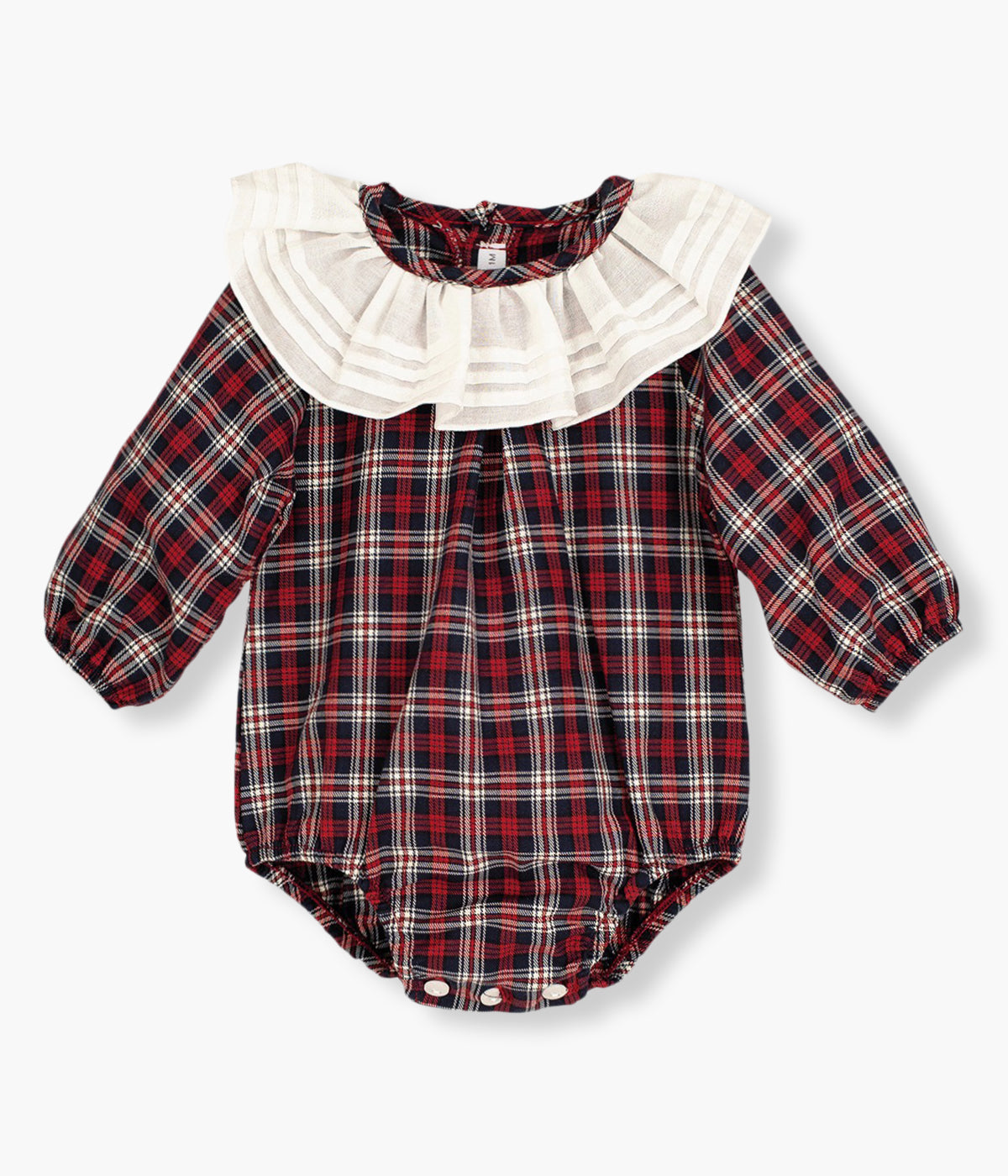 Fofo em algodão da Calamaro Baby para bebé menina e recém-nascida. Padrão xadrez em tons de vermelho e azul-marinho, gola folho branca, abertura nas costas e entrepernas.