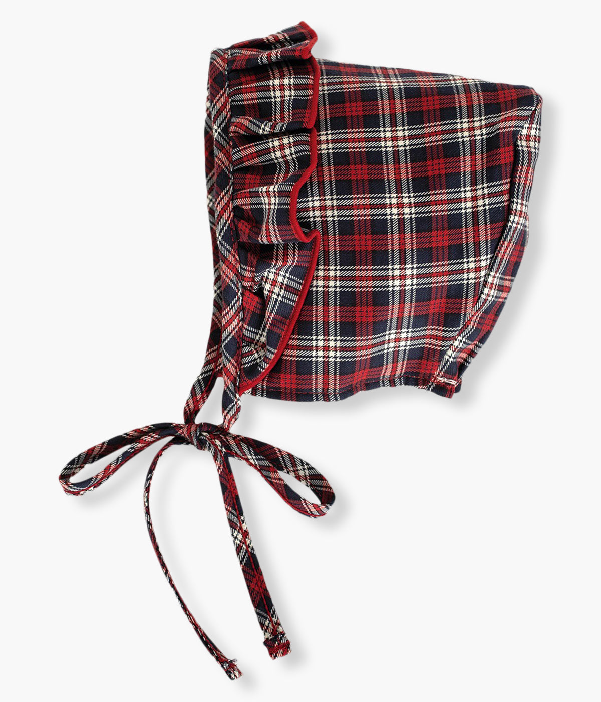 Touca com forro da Calamaro Baby para bebé menina e recém-nascida. Elegante padrão xadrez vermelho e azul-marinho com delicado folho à volta.