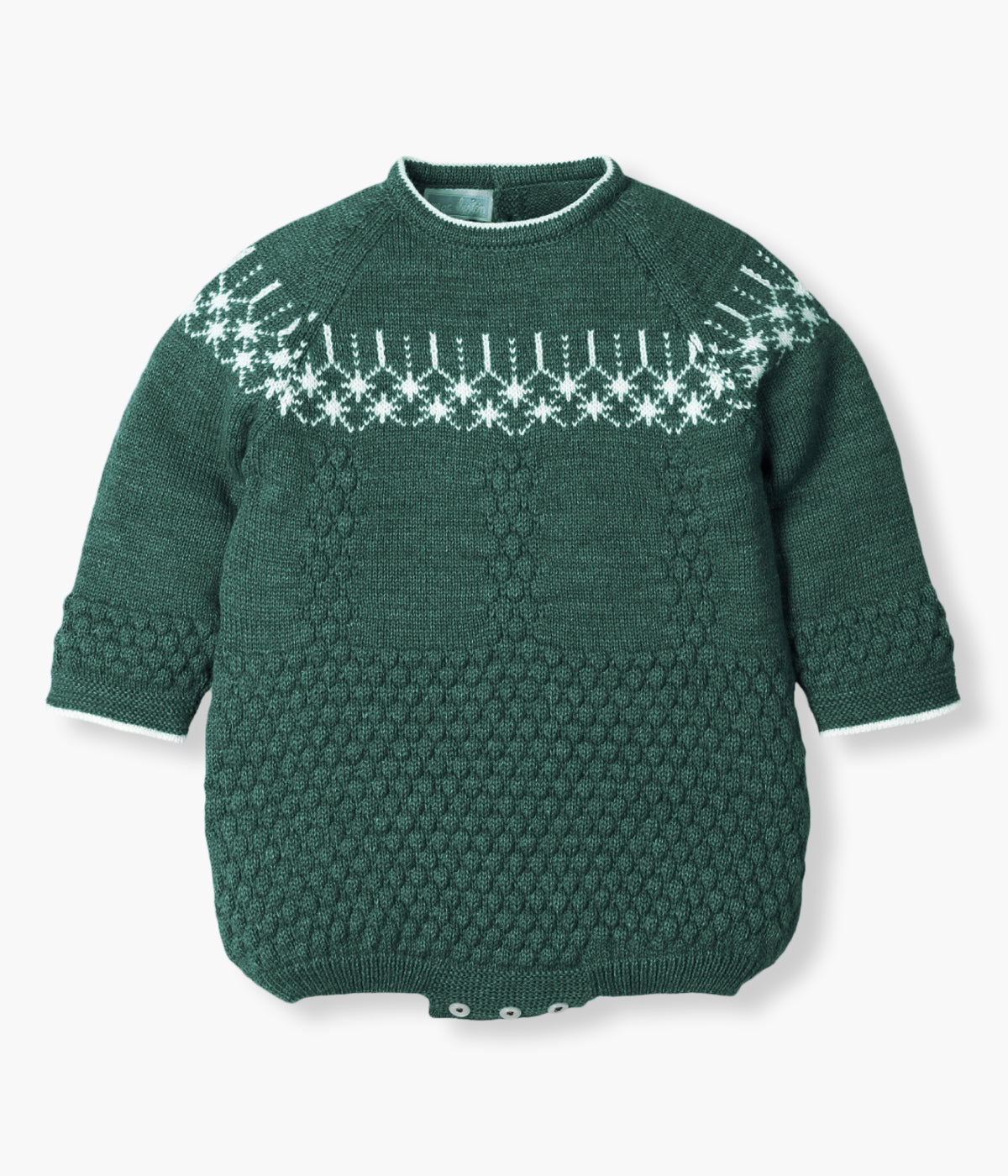 Fofo em malha verde-escuro da Mac Ilusión para bebé e recém-nascido(a). Peito com estrelas em branco e detalhes na malha com relevo. Abertura nas costas e entrepernas.