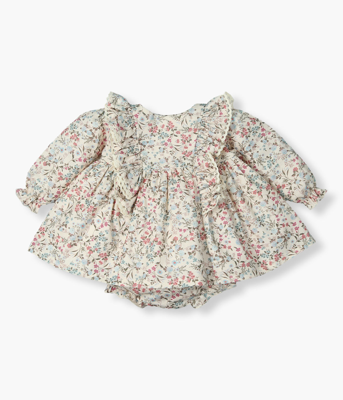 Vestido com tapa fraldas pérola com padrão floral da Mac Ilusión para bebé menina e recém-nascida, 100% algodão. Efeito folhos com renda no peito e ombros. Forro no interior. Tapa fraldas a combinar.